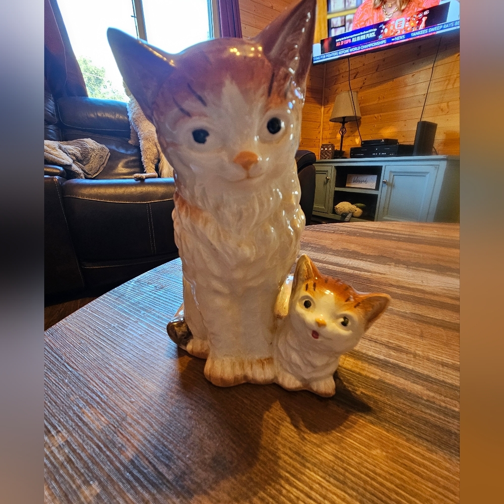Vintage Ceramic Cat with Kitten Nippon Japan Orange and White Marked Bottom.  LT